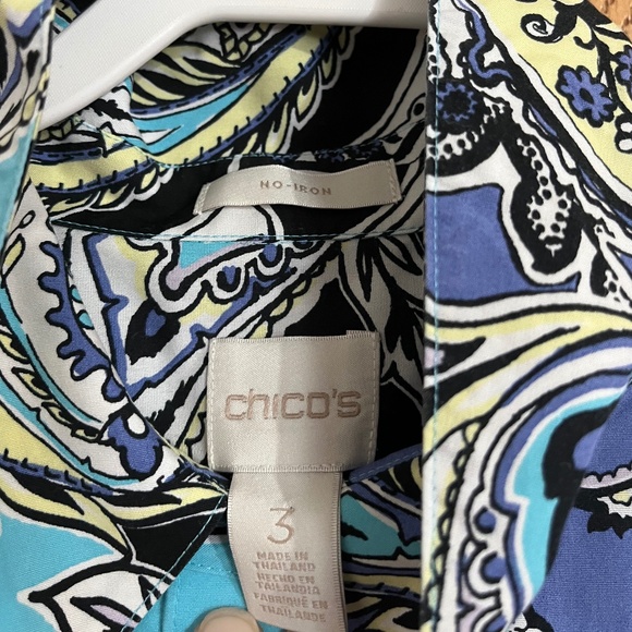 Chico’s No-Iron Blue Multi Paisley Print 3/4 Sleeve Button Down Shirt Size-XL - Picture 4 of 6